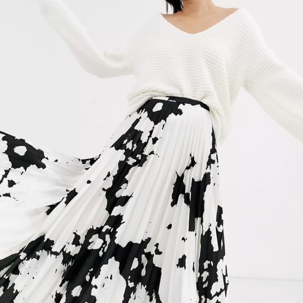 ASOS design cow print satin pleat midi skirt
